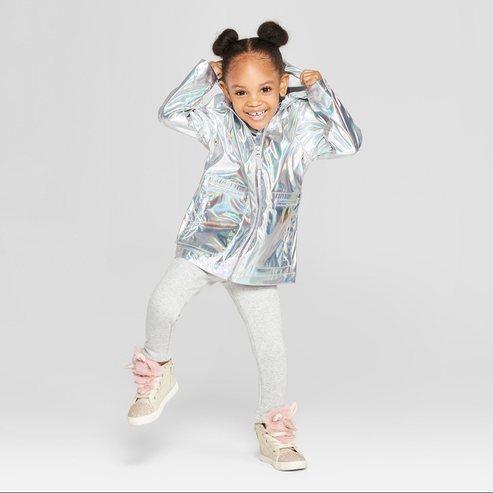 Girls Shiny Silver Metallic Hooded Rain Jacket NWT - Picture 3 of 3